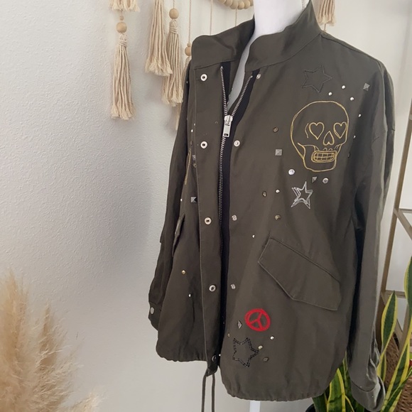 H&M embroidered army jacket green studded embellished parka fall grunge vibes 6 - Picture 14 of 16